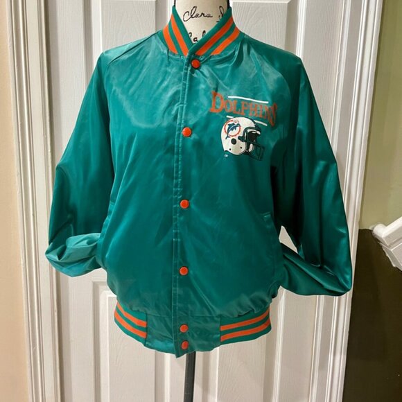 NFL MIAMI DOLPHINS VINTAGE 80’ RETRO BOMBER SATIN JACKET TEAL/ORANGE Sz L TRENDY - Picture 3 of 16